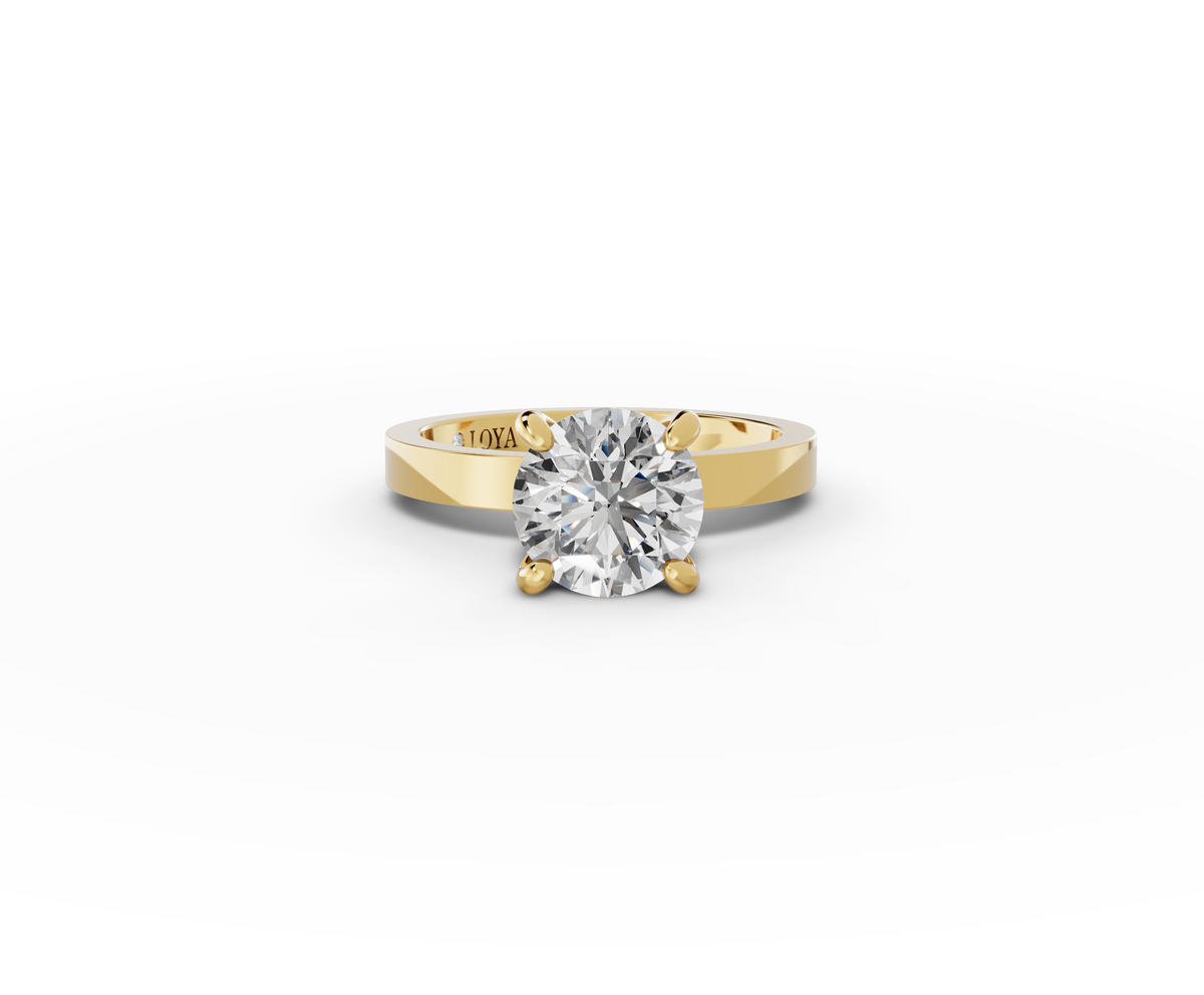 Nova Round Shape Ring in 18K yellow gold with a plain band, set with a LOYA diamond (lying view)