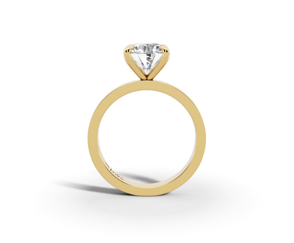 Nova Round Shape Ring in 18K yellow gold with a plain band, set with a LOYA diamond (side view)