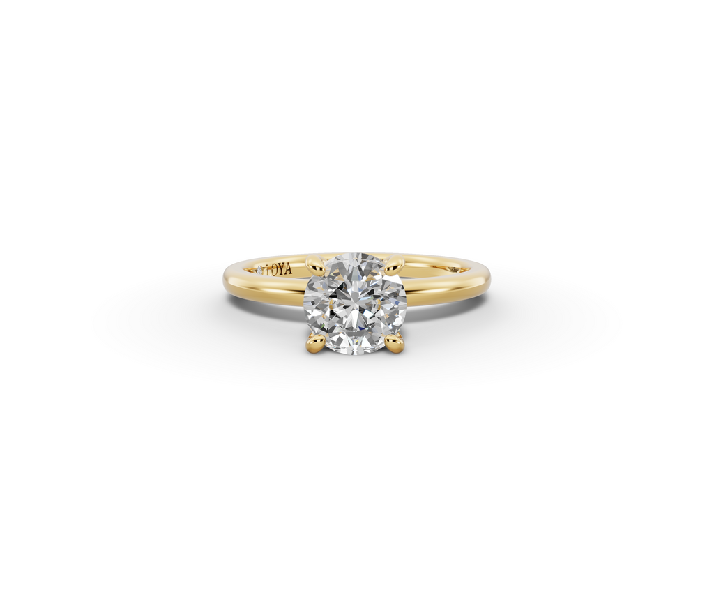 Amor Round Shape Ring in 18K yellow gold with a plain band, set with a LOYA diamond (lying view)