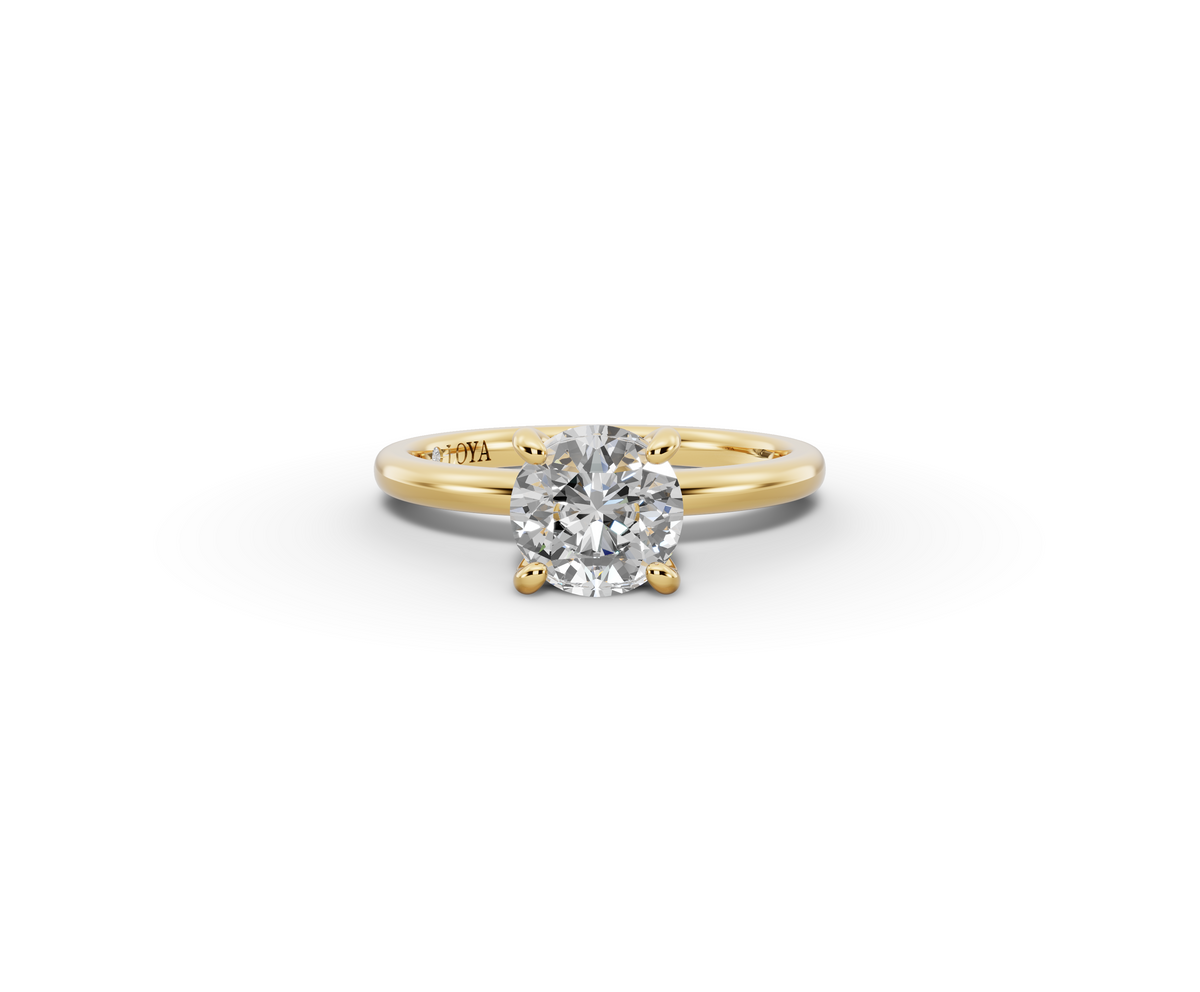 Amor Round Shape Ring in 18K yellow gold with a plain band, set with a LOYA diamond (lying view)