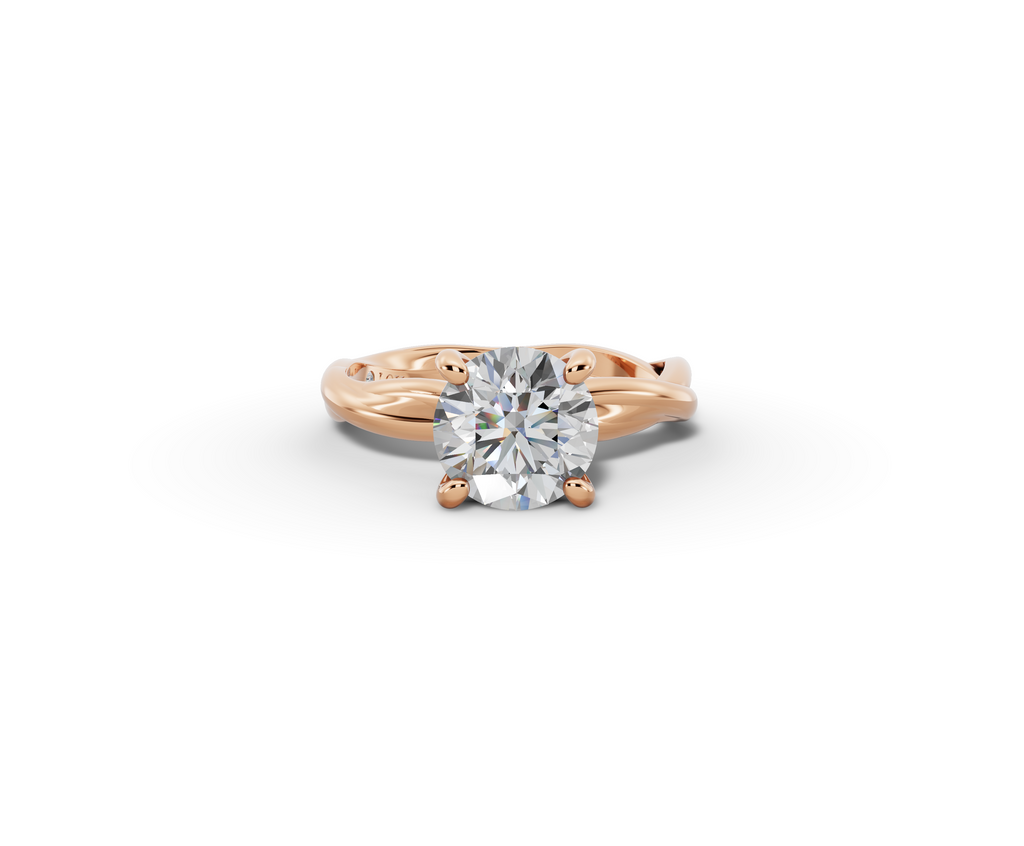 Mira Round Shape Ring in 18K rose gold with a plain band, set with a LOYA diamond (lying view)