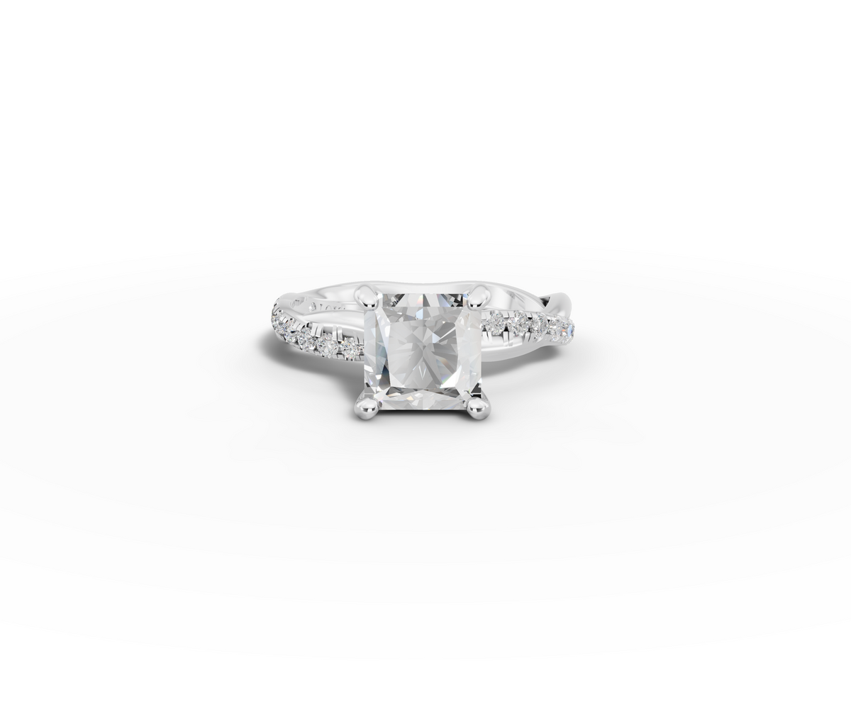 Mira Princess Shape Ring in 18K white gold with diamonds on the band, set with a LOYA diamond (lying view)