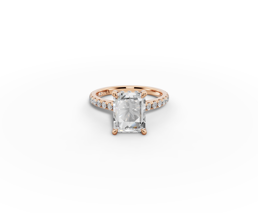 Alba Radiant Shape Ring in 18K rose gold with diamonds on the band, set with a LOYA diamond (lying view)