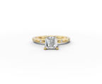 Amor Princess Shape Ring in 18K yellow gold with diamonds on the band, set with a LOYA diamond (lying view)