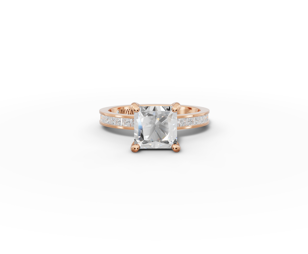 Nova Princess Shape Ring in 18K rose gold with diamonds on the band, set with a LOYA diamond (lying view)