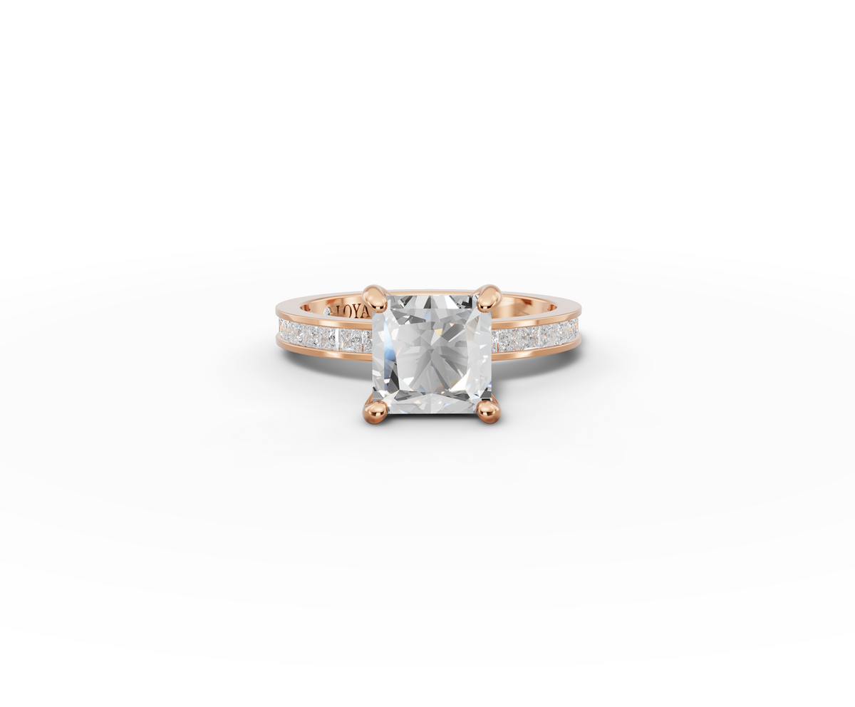 Nova Princess Shape Ring in 18K rose gold with diamonds on the band, set with a LOYA diamond (lying view)