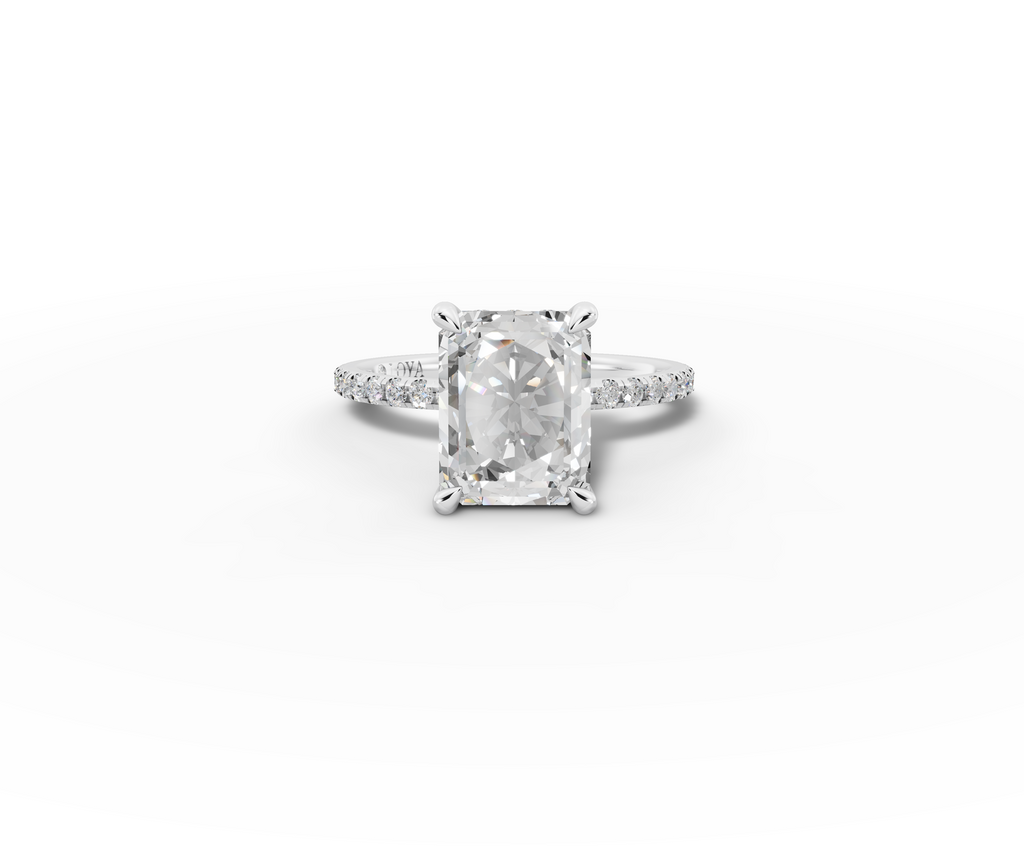 Vita Radiant Shape Ring in 18K white gold with diamonds on the band, set with a LOYA diamond (lying view)