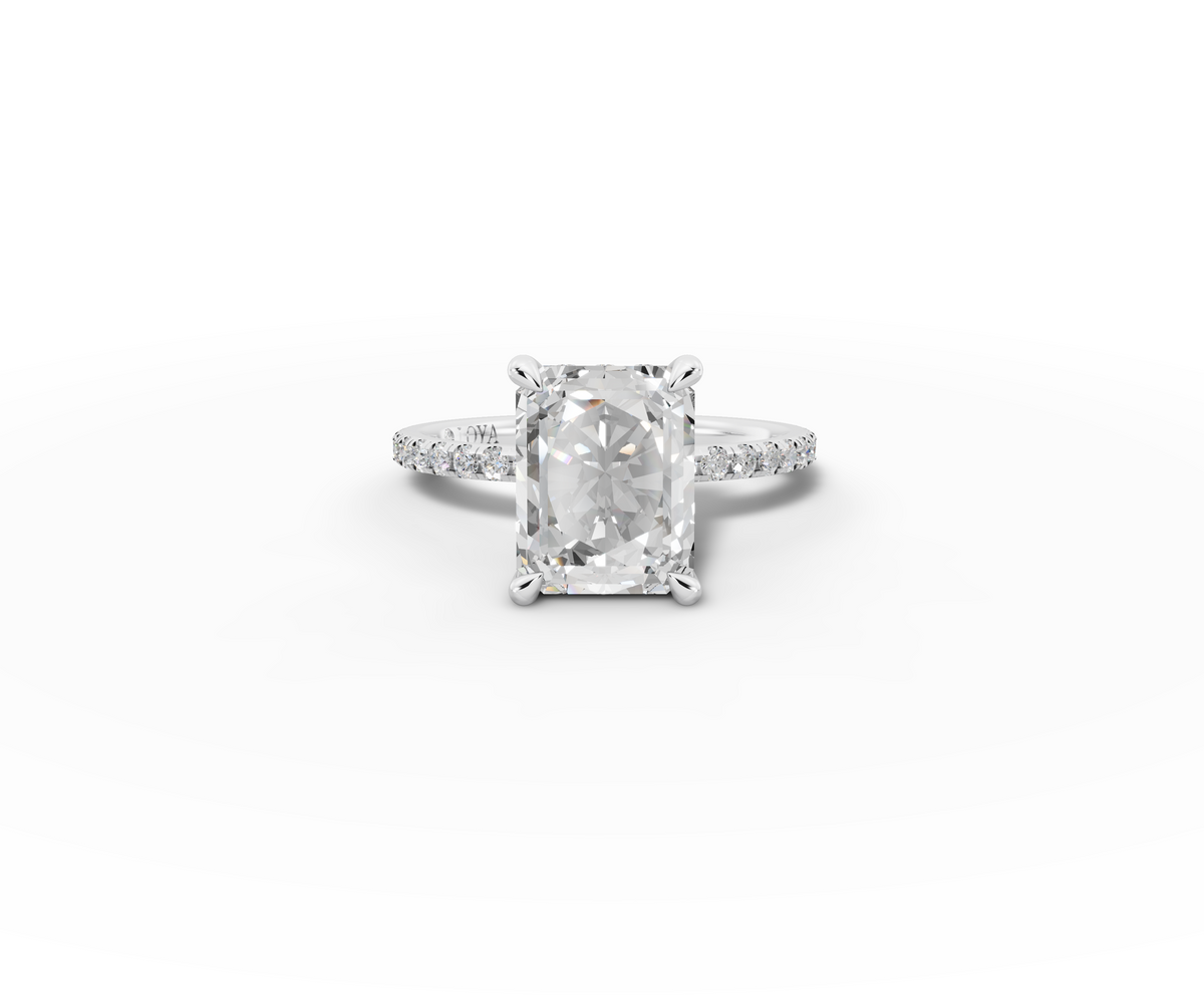 Vita Radiant Shape Ring in 18K white gold with diamonds on the band, set with a LOYA diamond (lying view)
