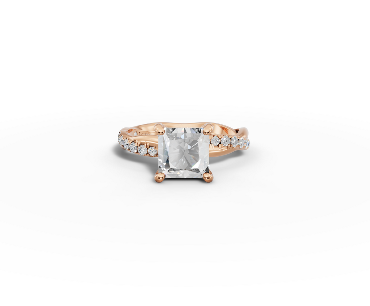 Mira Princess Shape Ring in 18K rose gold with diamonds on the band, set with a LOYA diamond (lying view)