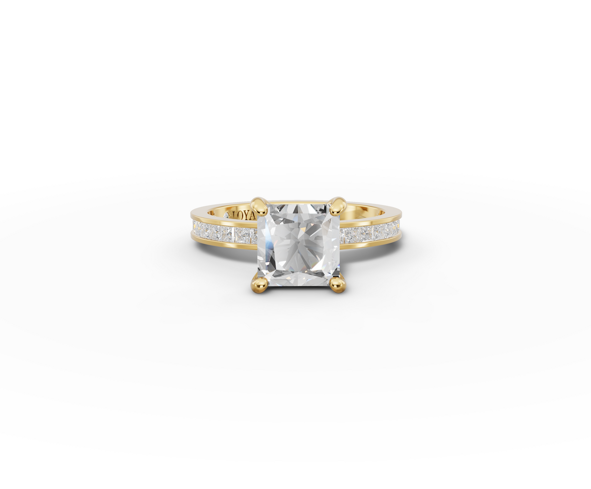 Nova Princess Shape Ring in 18K yellow gold with diamonds on the band, set with a LOYA diamond (lying view)