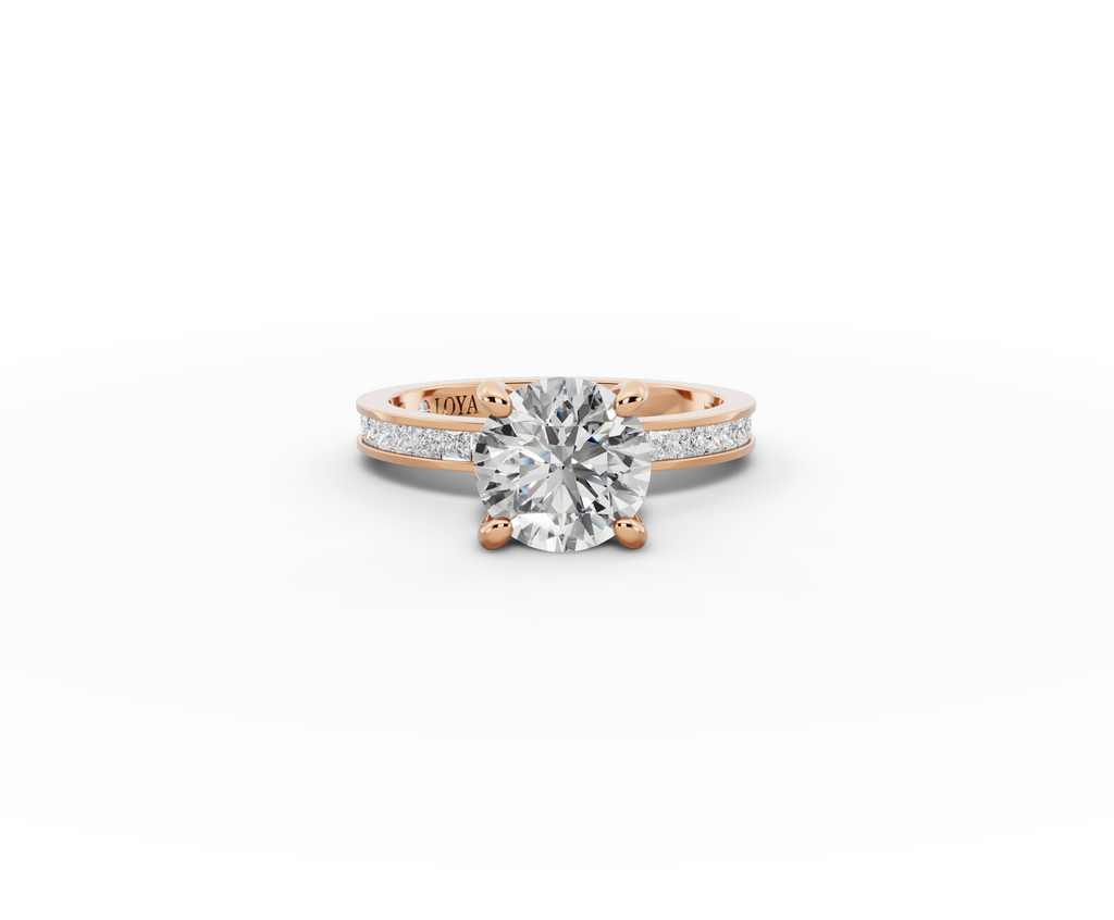 Nova Round Shape Ring in 18K rose gold with diamonds on the band, set with a LOYA diamond (lying view)