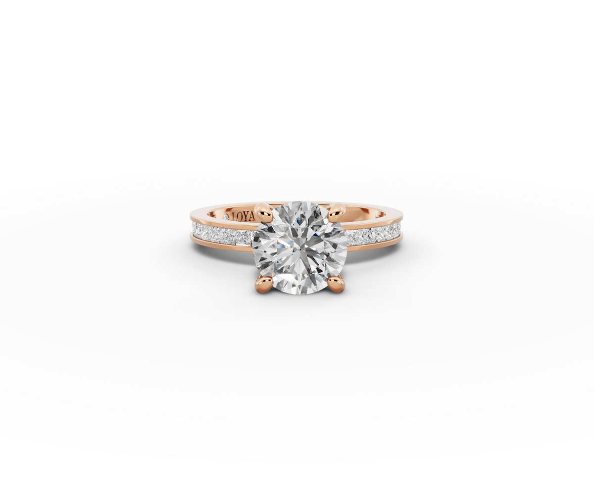 Nova Round Shape Ring in 18K rose gold with diamonds on the band, set with a LOYA diamond (lying view)