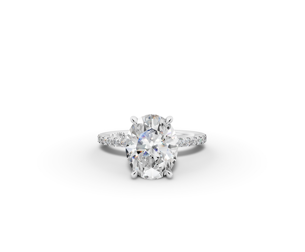 Vita Thin Oval Shape Ring in 18K white gold with diamonds on the band, set with a LOYA diamond (lying view)