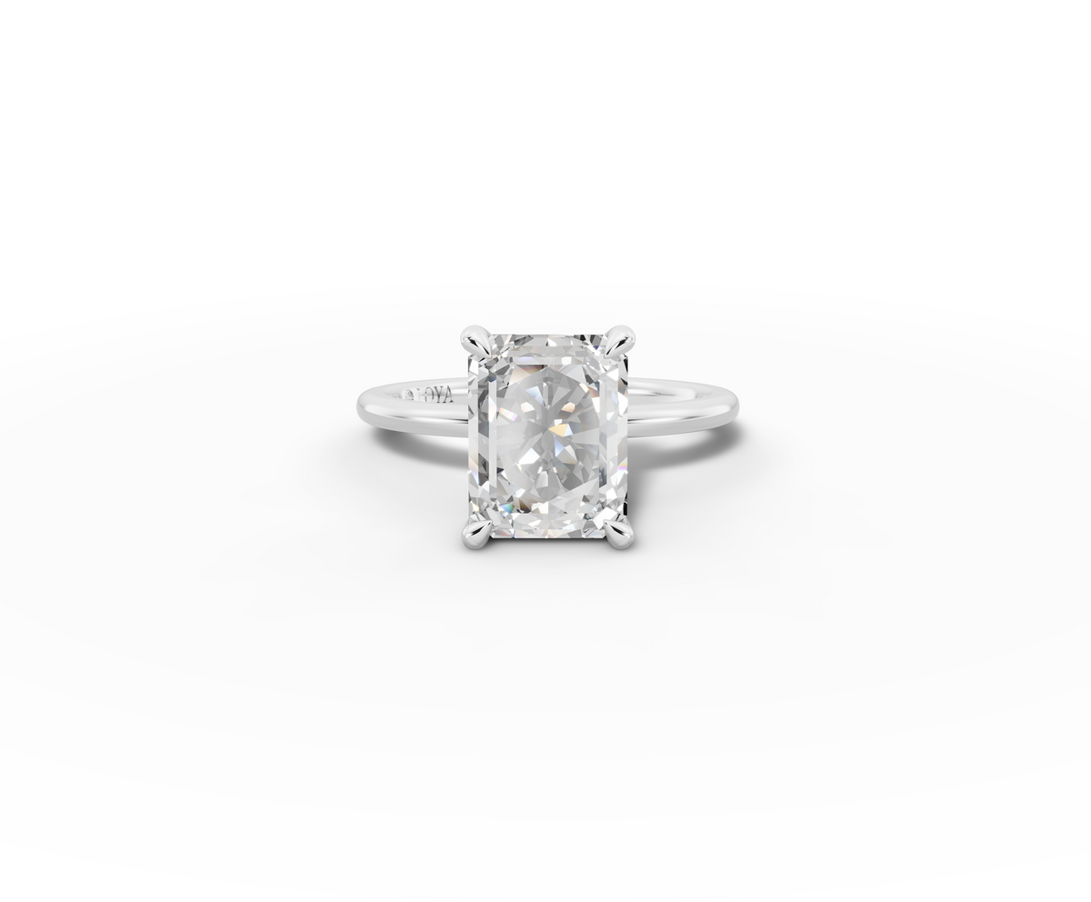 Vita Radiant Shape Ring in 18K white gold with a plain band, set with a LOYA diamond (lying view)