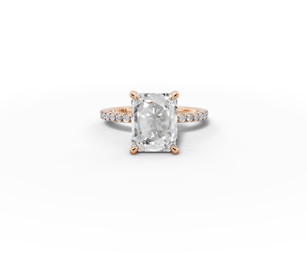 Vita Radiant Shape Ring in 18K rose gold with diamonds on the band, set with a LOYA diamond (lying view)