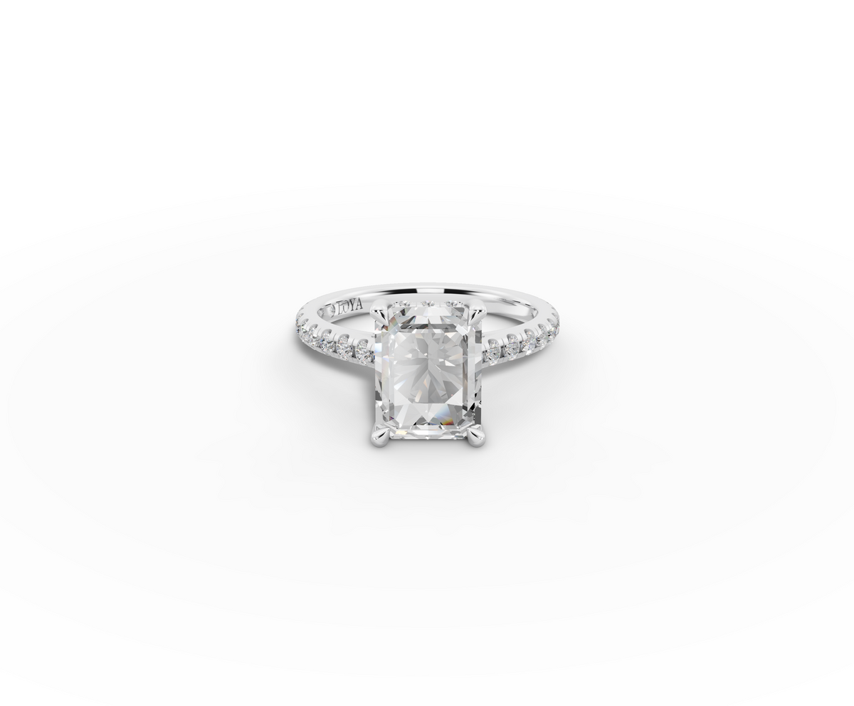 Alba Radiant Shape Ring in 18K white gold with diamonds on the band, set with a LOYA diamond (lying view)