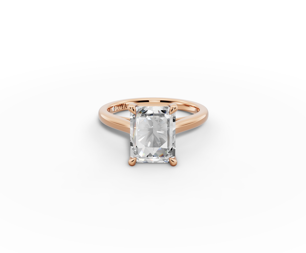 Alba Radiant Shape Ring in 18K rose gold with a plain band, set with a LOYA diamond (lying view)
