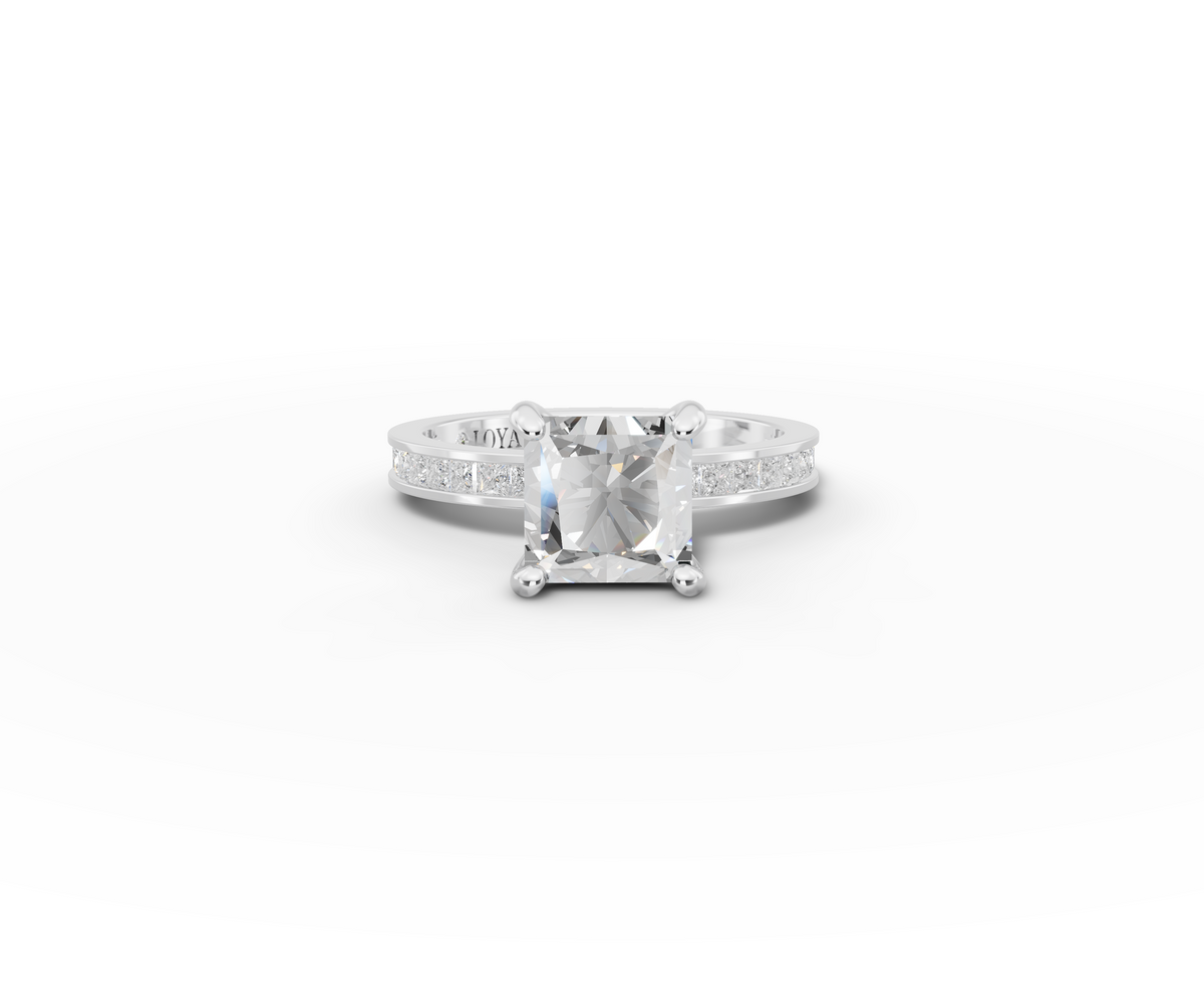 Nova Princess Shape Ring in 18K white gold with diamonds on the band, set with a LOYA diamond (lying view)