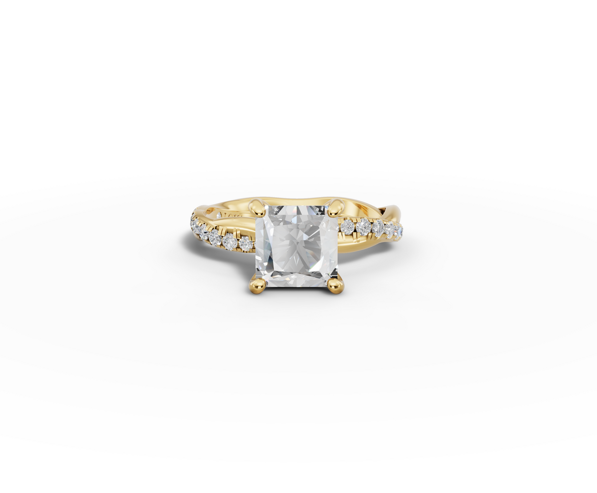 Mira Princess Shape Ring in 18K yellow gold with diamonds on the band, set with a LOYA diamond (lying view)
