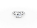 Alba Round Shape Ring in 18K white gold with diamonds on the band, set with a LOYA diamond (lying view)