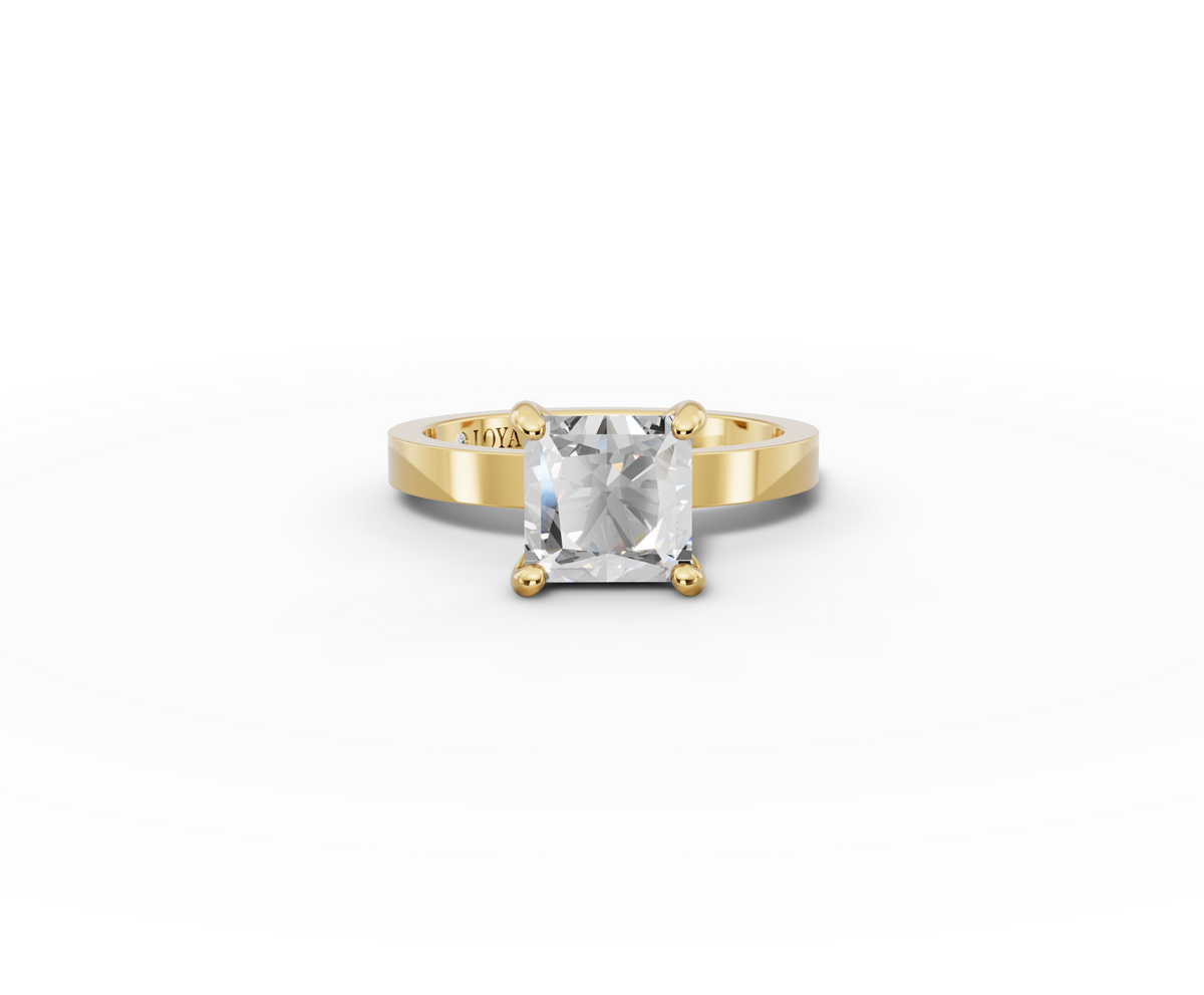 Nova Princess Shape Ring in 18K yellow gold with a plain band, set with a LOYA diamond (lying view)
