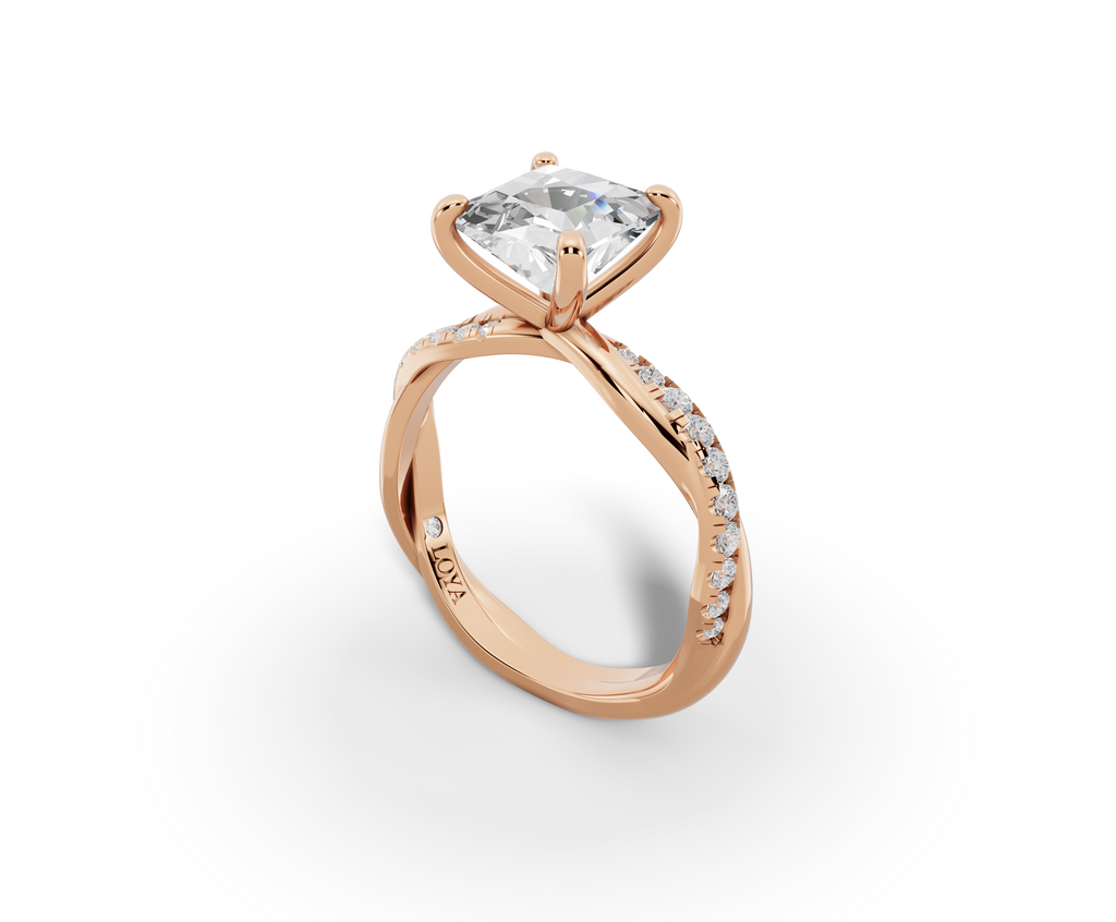 Mira Princess Shape Ring in 18K rose gold with diamonds on the band, set with a LOYA diamond