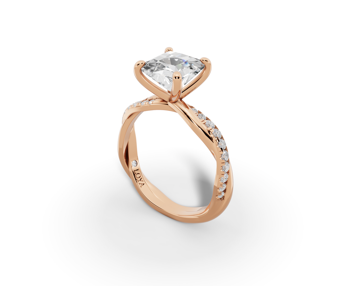 Mira Princess Shape Ring in 18K rose gold with diamonds on the band, set with a LOYA diamond