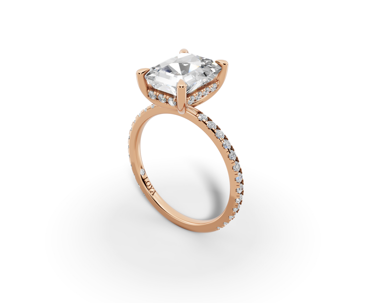 Vita Radiant Shape Ring in 18K rose gold with diamonds on the band, set with a LOYA diamond (perspective view)