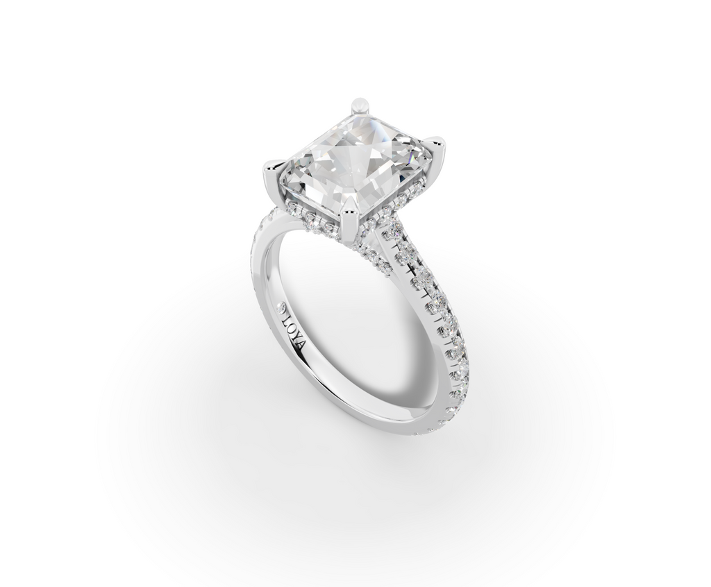 Alba Radiant Shape Ring in 18K white gold with diamonds on the band, set with a LOYA diamond (perspective view)