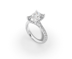 Alba Radiant Shape Ring in 18K white gold with diamonds on the band, set with a LOYA diamond (perspective view)