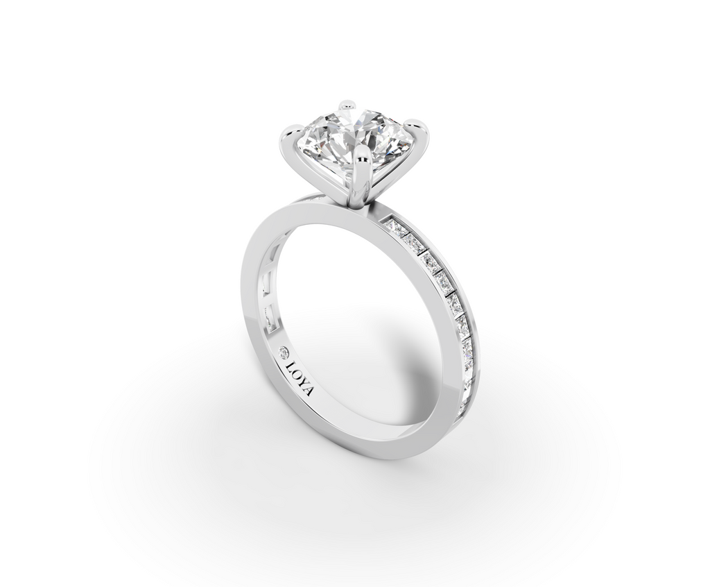 Nova Round Shape Ring in 18K white gold with diamonds on the band, set with a LOYA diamond (perspective view)