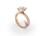 Nova Round Shape Ring in 18K rose gold with diamonds on the band, set with a LOYA diamond (perspective view)