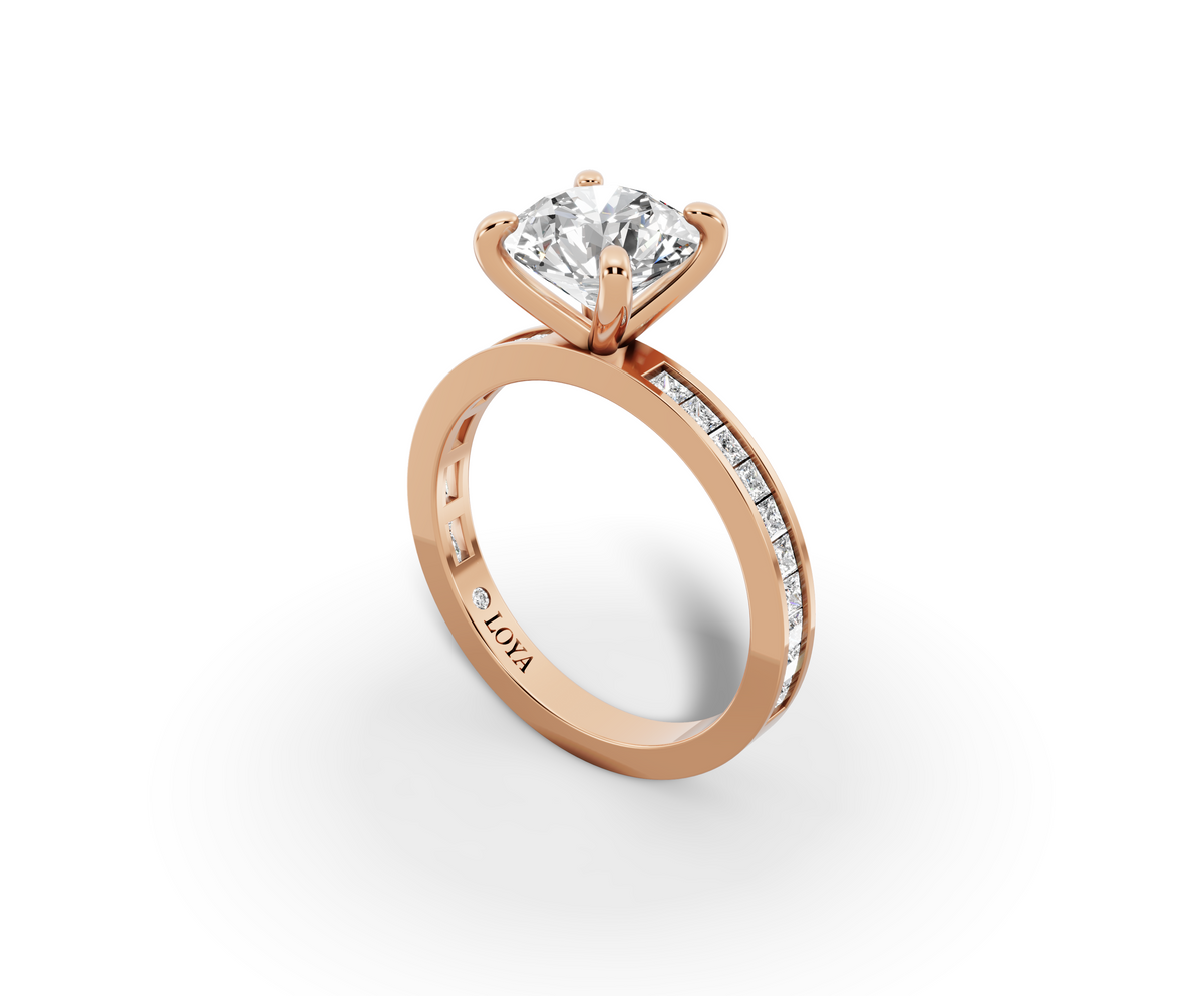 Nova Round Shape Ring in 18K rose gold with diamonds on the band, set with a LOYA diamond (perspective view)