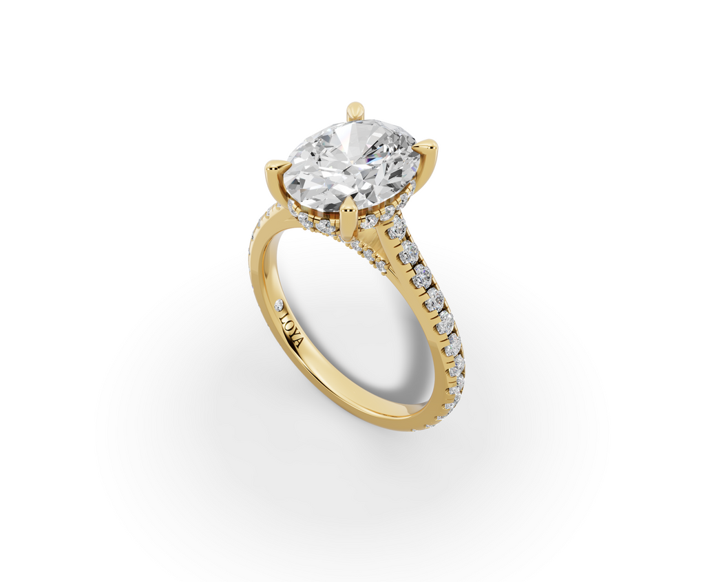 Alba Oval Shape Ring in 18K yellow gold with diamonds on the band, set with a LOYA diamond (perspective view)