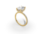 Vita Thin Oval Shape Ring in 18K yellow gold with diamonds on the band, set with a LOYA diamond (perspective view)