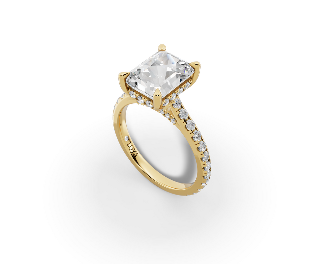 Alba Radiant Shape Ring in 18K yellow gold with diamonds on the band, set with a LOYA diamond (perspective view)