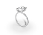 Vita Radiant Shape Ring in 18K white gold with diamonds on the band, set with a LOYA diamond (perspective view)