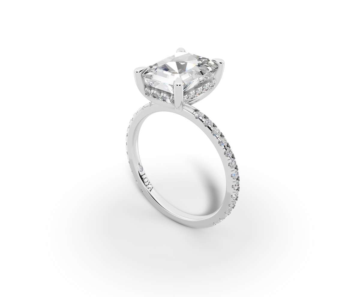 Vita Radiant Shape Ring in 18K white gold with diamonds on the band, set with a LOYA diamond (perspective view)