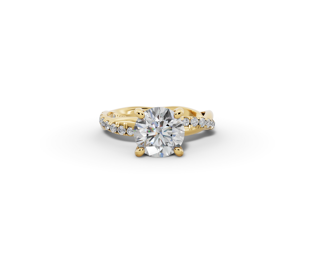 Mira Round Shape Ring in 18K yellow gold with diamonds on the band, set with a LOYA diamond (lying view)