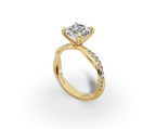 Mira Round Shape Ring in 18K yellow gold with diamonds on the band, set with a LOYA diamond (perspective view)