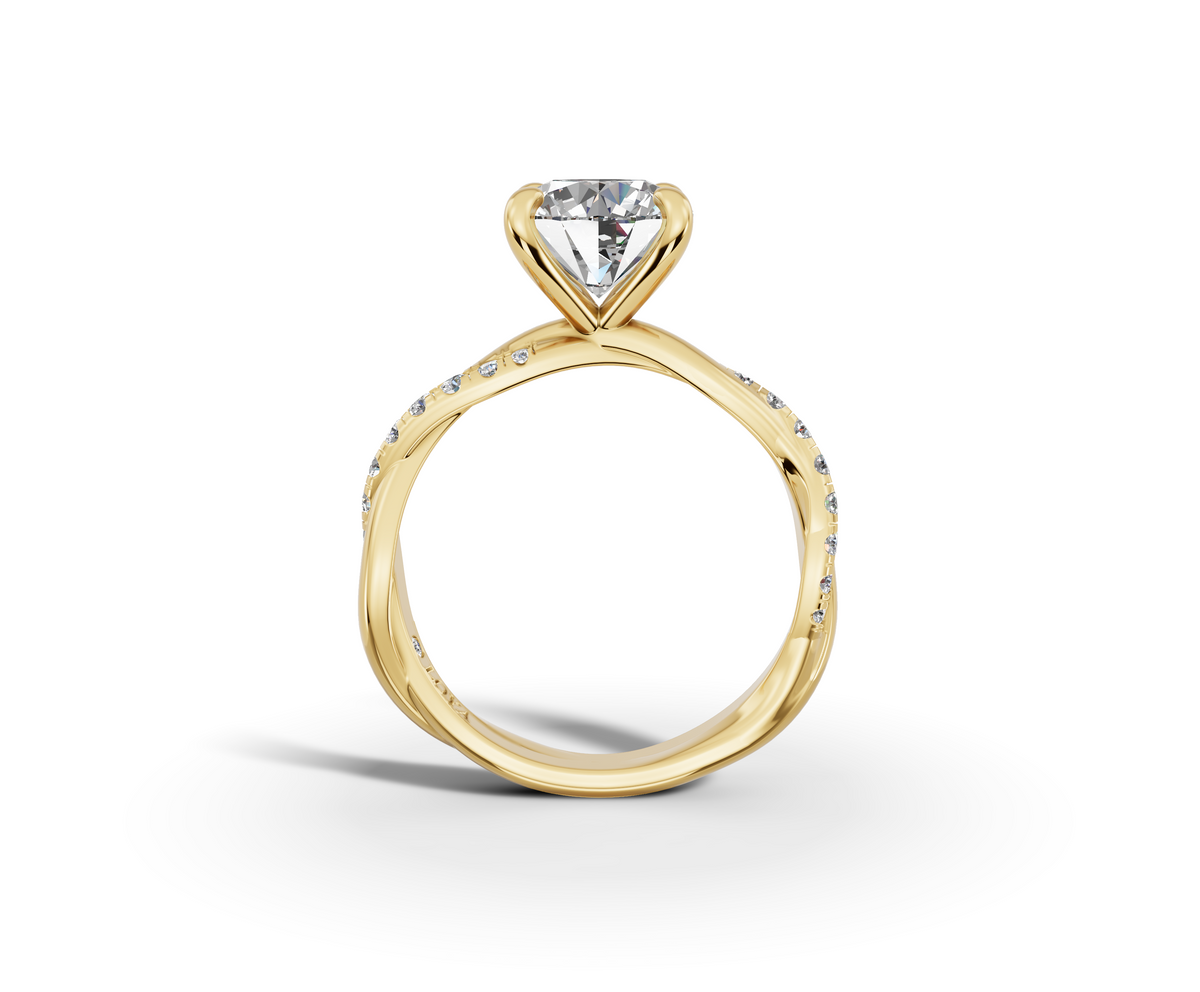 Mira Round Shape Ring in 18K yellow gold with diamonds on the band, set with a LOYA diamond