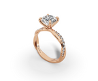 Mira Round Shape Ring in 18K rose gold with diamonds on the band, set with a LOYA diamond (perspective view)