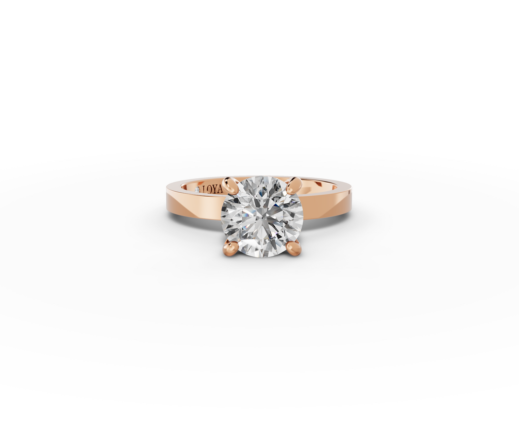 Nova Round Shape Ring in 18K rose gold with a plain band, set with a LOYA diamond (lying view)