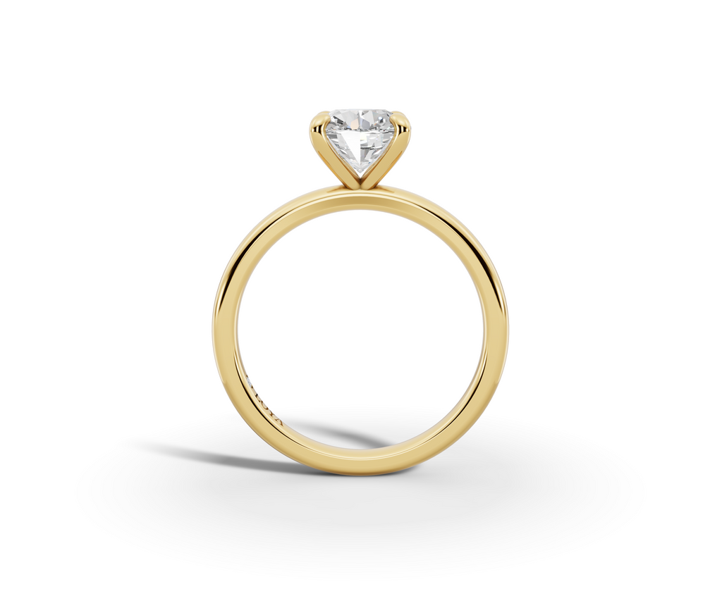 Amor Round Shape Ring in 18K yellow gold with a plain band, set with a LOYA diamond (side view)