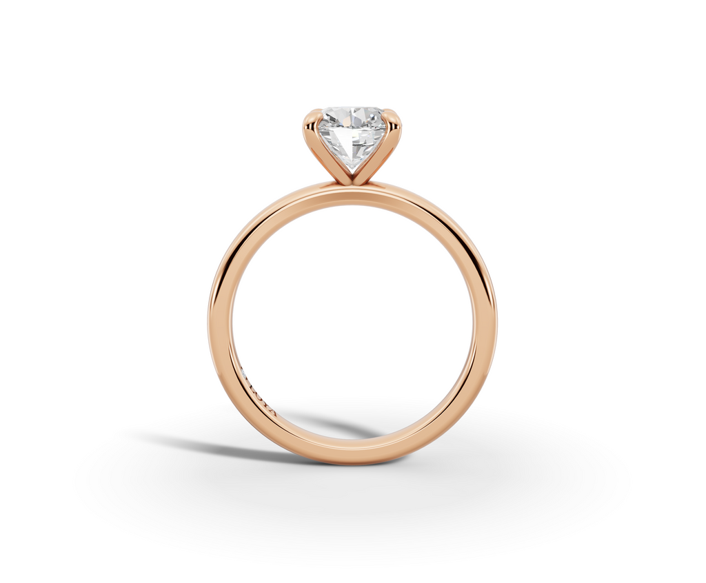 Amor Round Shape Ring in 18K rose gold with a plain band, set with a LOYA diamond (side view)