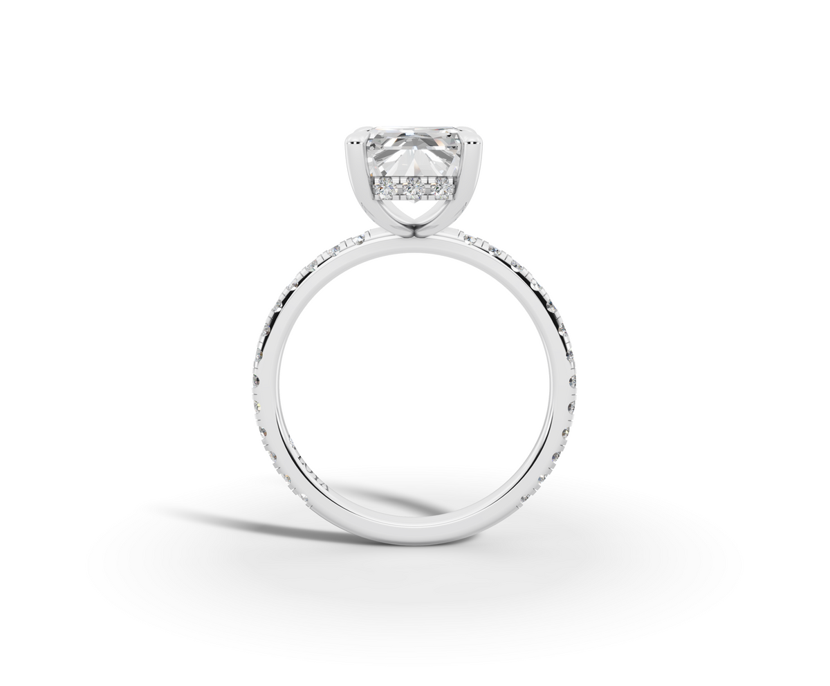Vita Radiant Shape Ring in 18K white gold with diamonds on the band, set with a LOYA diamond (side view)