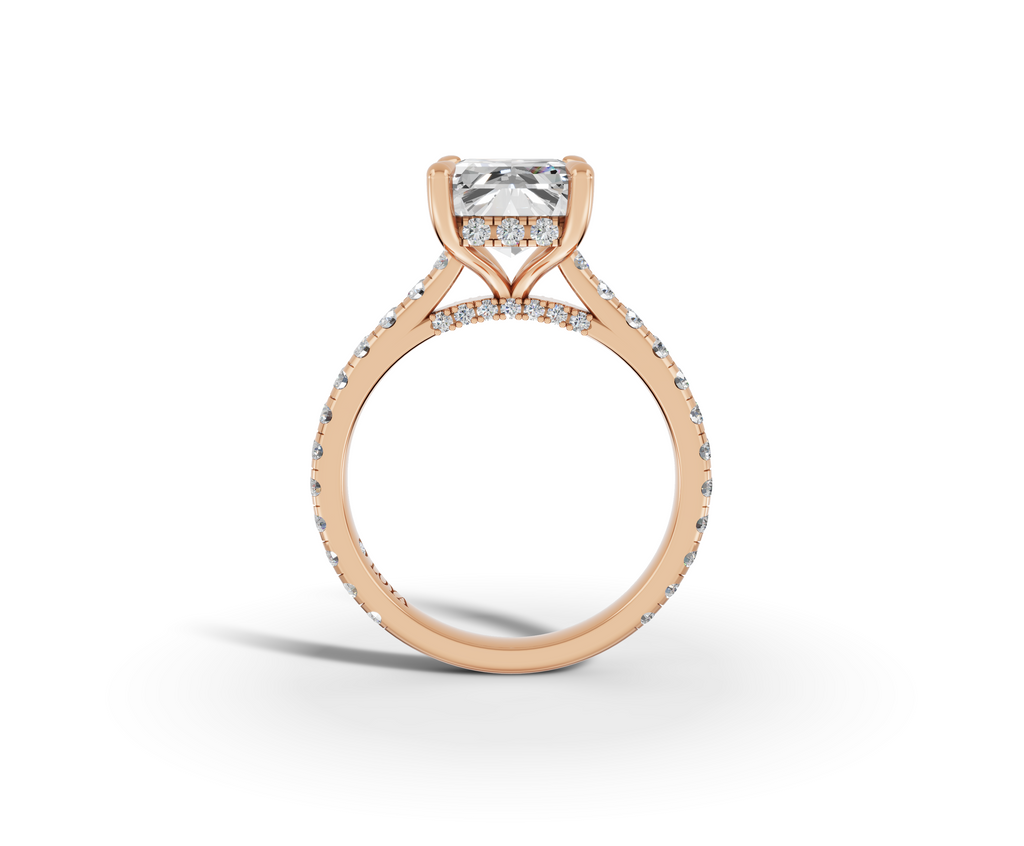 Alba Radiant Shape Ring in 18K rose gold with diamonds on the band, set with a LOYA diamond (side view)