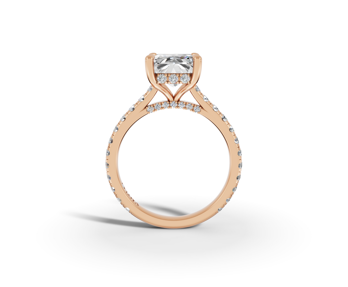Alba Radiant Shape Ring in 18K rose gold with diamonds on the band, set with a LOYA diamond (side view)