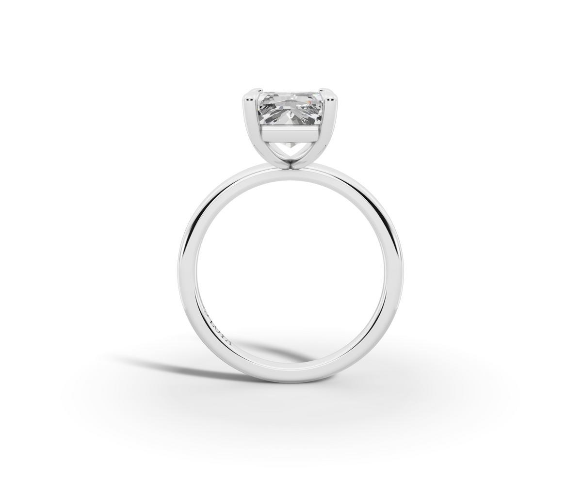 Vita Radiant Shape Ring in 18K white gold with a plain band, set with a LOYA diamond (side view)