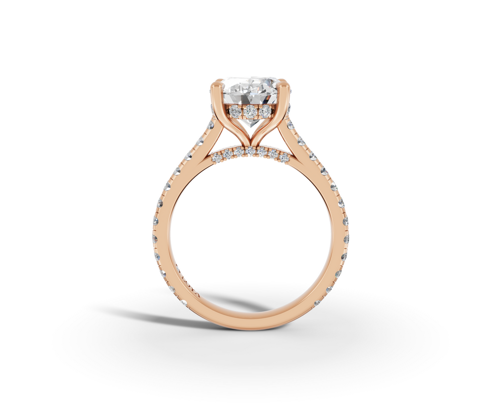 Alba Oval Shape Ring in 18K rose gold with diamonds on the band, set with a LOYA diamond (side view)